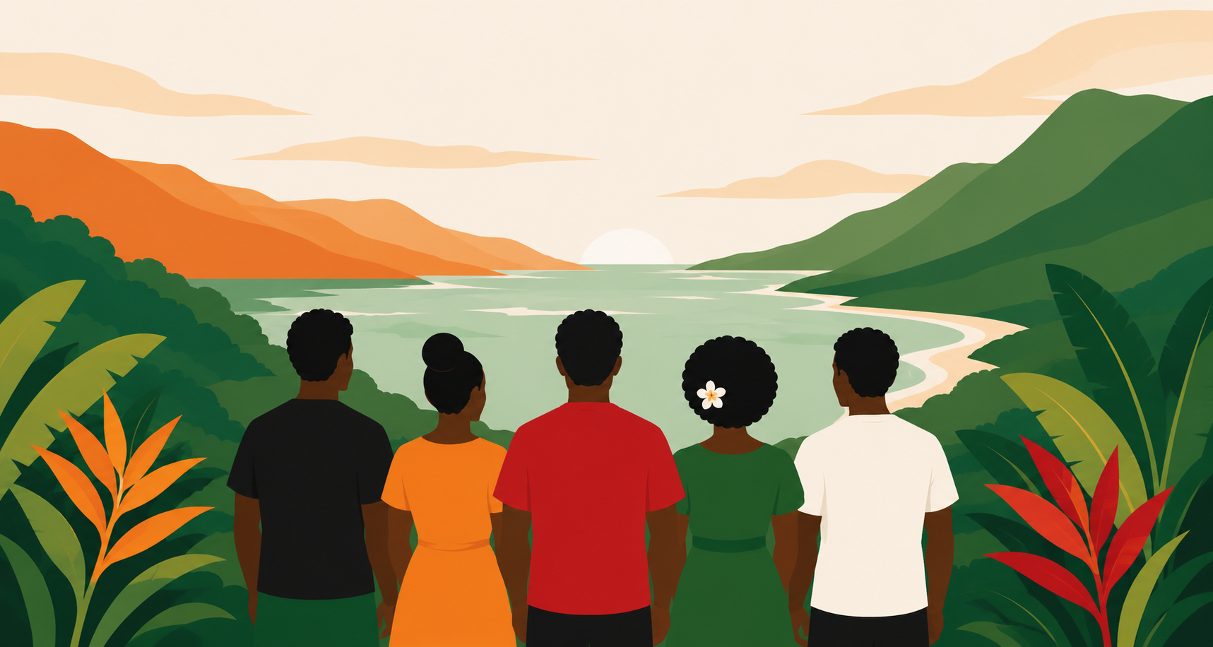 Papua New Guineans looking out over a coastal landscape